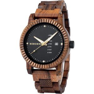 Mens Wooden Watch Analog Quartz with Week Display Lightweight Wood Wrist Watch
